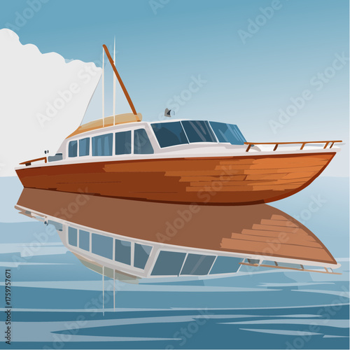 Motorboat reflected on calm water surface