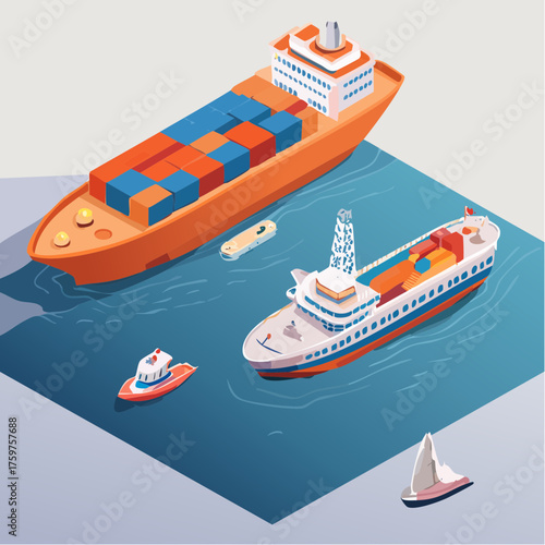Multiple cargo ships and boats on blue water