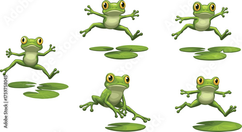 Cartoon green frog jumping on lily pads, amphibian illustration, cute pond animal art, wildlife nature drawing for kids and education.