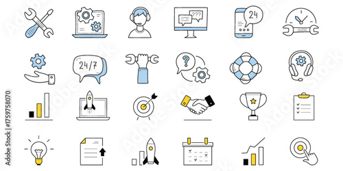 vector Collection of diverse line art icons depicting various concepts and actions in black and white 