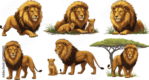 Lion family and cub illustration set, majestic African wildlife art, powerful safari animal design, nature drawing, wild cat artwork.