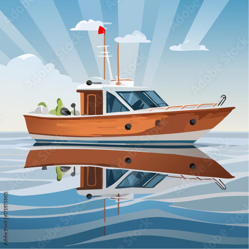 Orange motorboat reflected on calm water