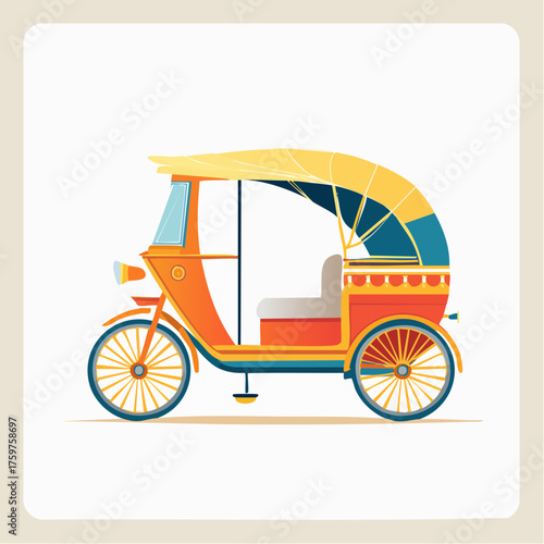 Orange rickshaw with yellow canopy and blue trim