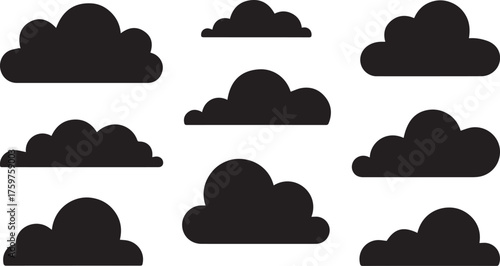 Nine Black Silhouette Clouds of Varying Shapes and Sizes Against a White Background