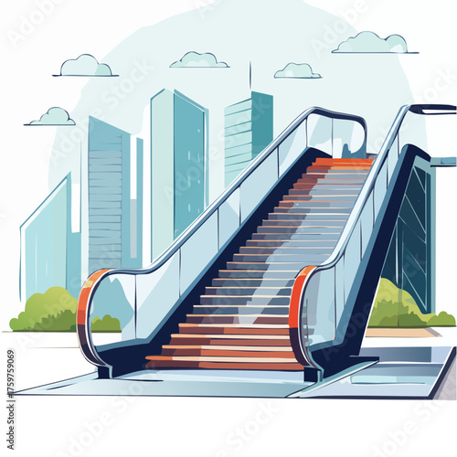 Outdoor escalator in front of modern city buildings