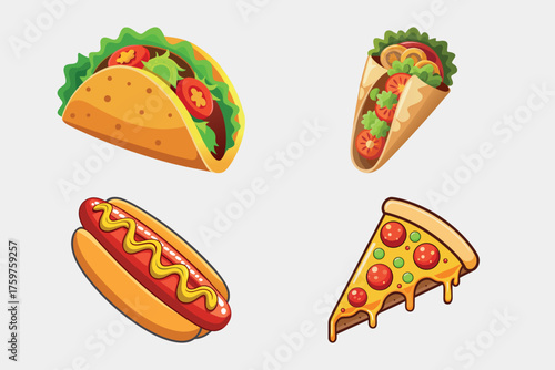 Global street food package (Fresh pizza slice, Hot dog, Falafel wrap with tahini sauce, Taco) vector illustration