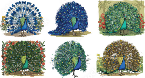 Colorful peacock illustration set, detailed exotic bird artwork, decorative feathers drawing, tropical wildlife design, elegant nature art, beautiful animal collection, vintage style.