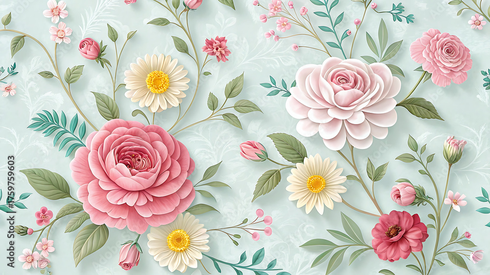 Fototapeta Floral arrangement featuring pink roses and white daisies on a light blue background art design  custom 3d photo wallpaper panaflex design for wall hd background