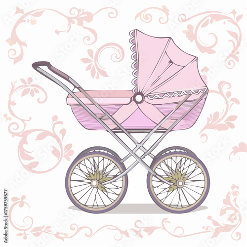 Pink baby carriage with floral swirls