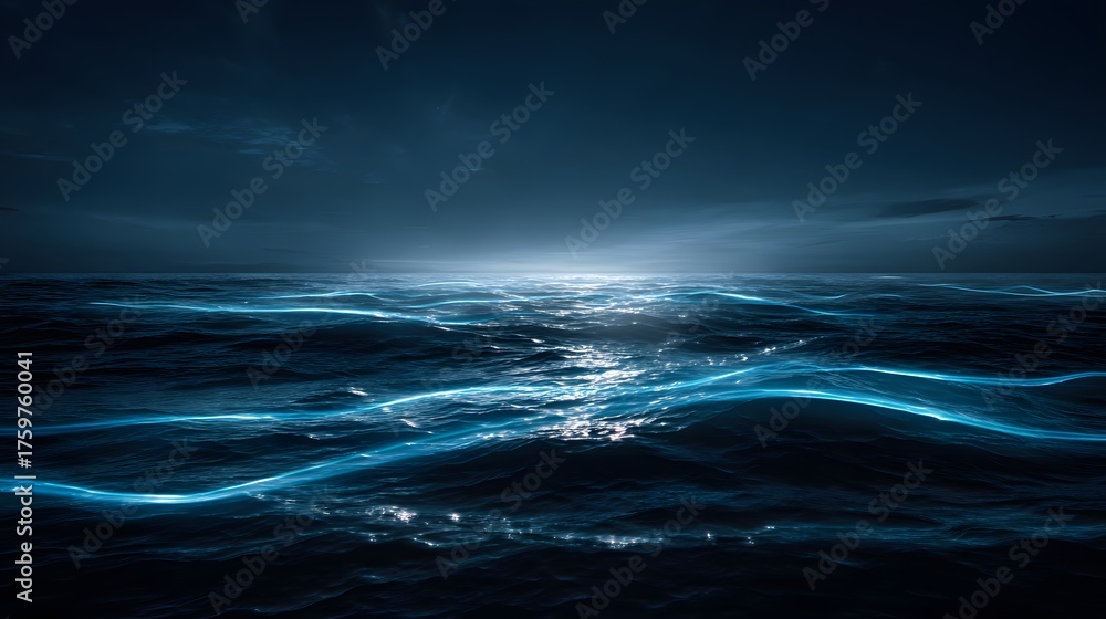 Fototapeta premium Dark ocean waves glow with electric blue light under a twilight sky.