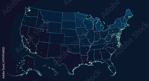 Futuristic digital map of the United States with glowing network connections.