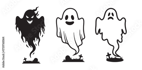 Halloween ghost silhouettes set. Cartoon characters flat illustrations