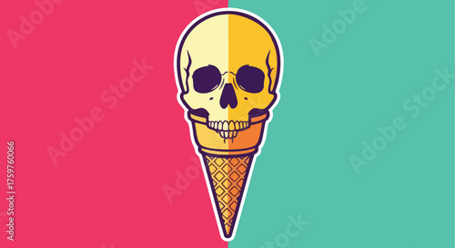 Creative pop art illustration of a human skull on an ice cream cone.