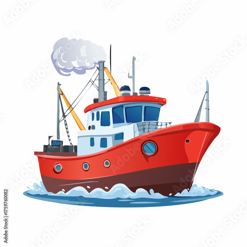 Red fishing boat on water with smoke