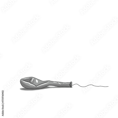 Deflated gray balloon on white background for sad concept or failure illustration, with copy space