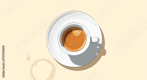 A simple white ceramic cup of coffee on a matching saucer viewed from above.