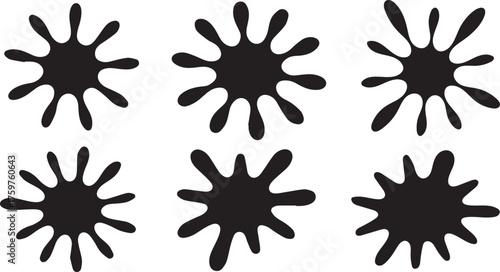 Six Black Ink Splatters Artistic Blob Collection on White Background, Isolated Elements