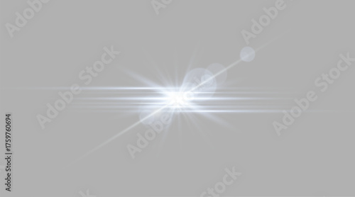 Blue horizontal lens flare. Sun flash with rays or spotlight and bokeh. Isolated on grey background.  Glow flare light effect. Vector illustration.