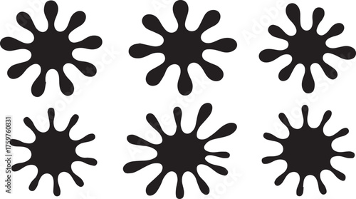Six Black Ink Splatters or Paint Splashes on a White Background, Organized in Rows