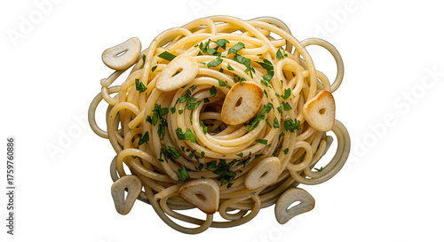 Delicious spaghetti aglio e olio with parsley garnish on transparent background