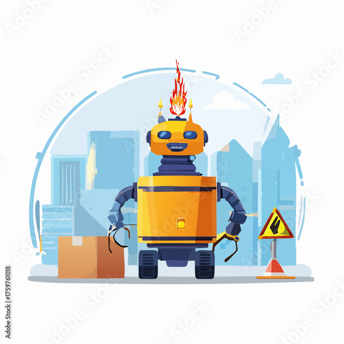 Robot on fire in city with warning sign