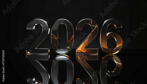 Illuminated 2026: A sleek, modern composition highlighting the year 2026 with metallic digits and a reflective surface, the number '6' gleams with a warm, golden hue.