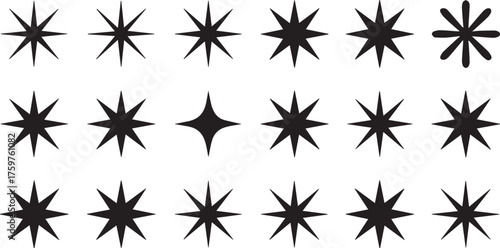 Star Silhouette Collection Assorted Black Starburst Shapes and Graphics on White Background