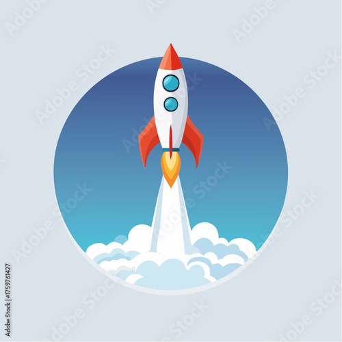 Rocket launching into blue sky