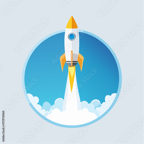 Rocket launching into the sky with clouds