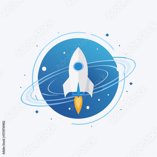 Rocket launching into space with planet