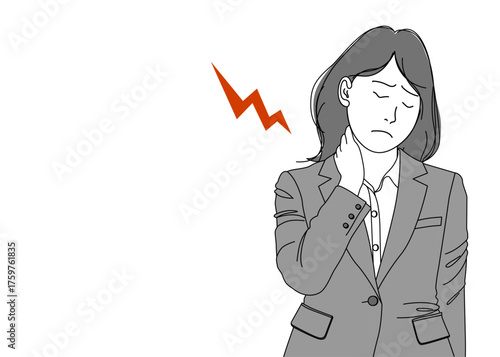 首こり 首に手を当てている女性OL ビジネスウーマンのイラスト 上半身正面