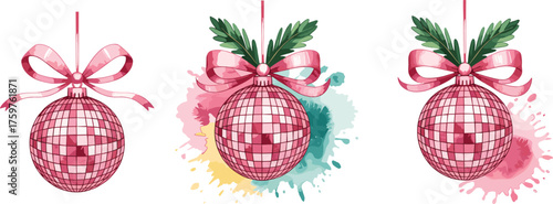 Pink disco ball ornaments, watercolor splash, festive holiday decor, ribbon bows, Christmas hanging decoration, white background