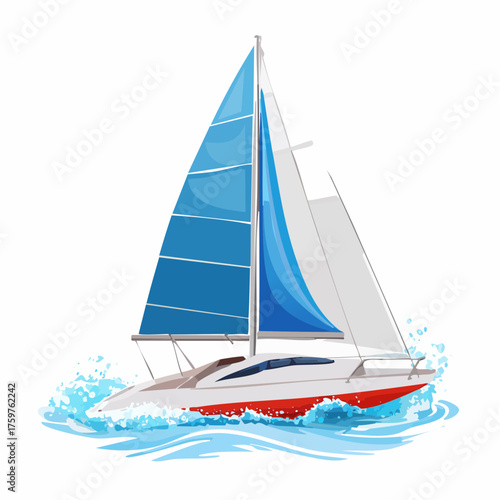 Sailboat with blue sails on waves