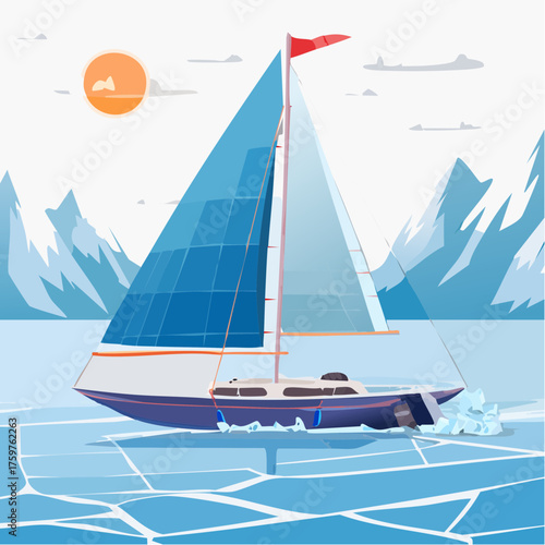 Sailing boat on cracked ice with mountains