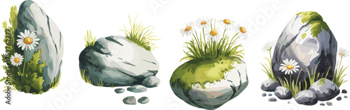Bild auf Leinwand Natural rocks with daisies, moss and grass, botanical stone arrangement, earthy