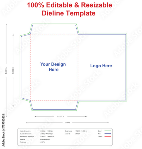 Custom dimensions 3-side sealed wrap envelopes dieline, box dieline ,die-line design,die-line template,packaging dieline