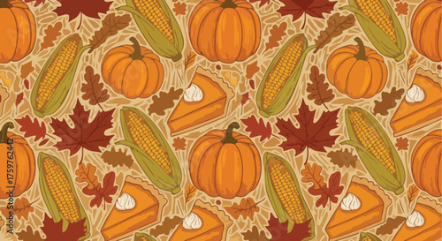 Hand Drawn Autumn Harvest Seamless Pattern with Thanksgiving Food.