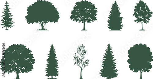 Tree silhouettes collection, botanical shapes, foliage variety, landscape design elements, nature illustration, black trees, white background