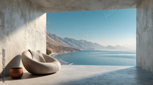 Modern, minimalist living room with raw concrete walls. A designer armchair faces a huge window with a stunning sea and mountain vista in morning light.