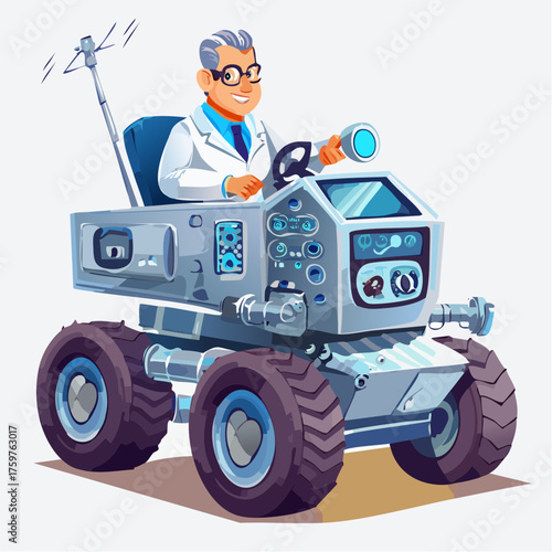 Scientist driving a futuristic rover