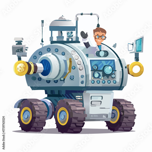 Scientist operating a rover on white background
