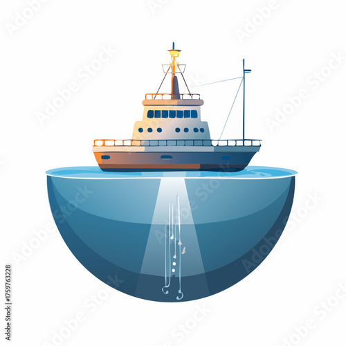 Ship with light beam underwater