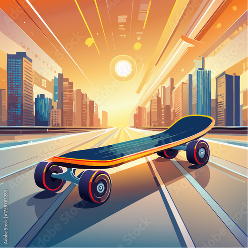 Skateboard on a futuristic city road at sunset