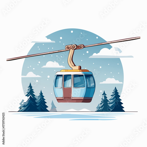 Ski lift car moving over snowy landscape