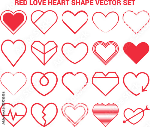 Red Love Heart Shape Vector Set Minimal Line Art Geometric Heart Icons Collection