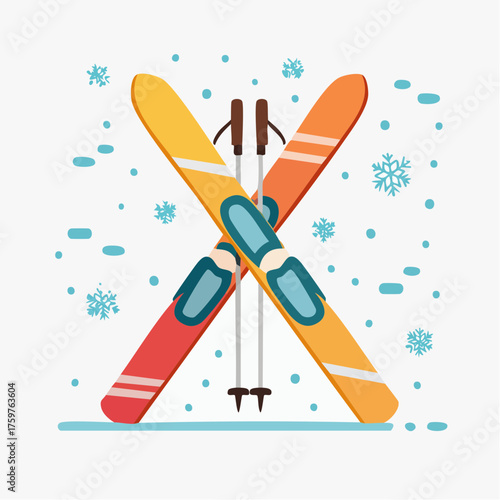 Skis and poles with snowflakes
