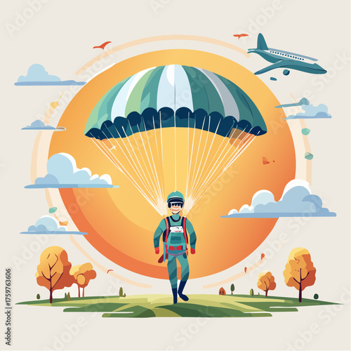 Skydiver landing with parachute over sunny landscape