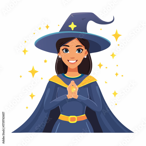 Smiling witch with magic sparkles