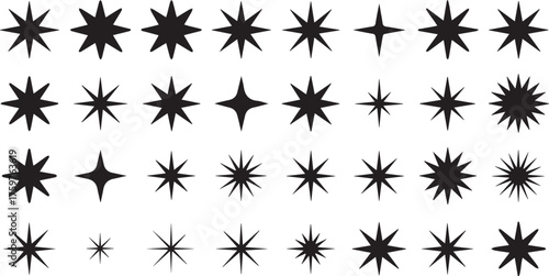 Various Black Silhouette Star Shapes with Different Points Arranged in Rows on White Background