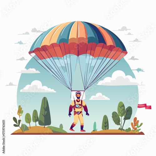 Skydiver landing with parachute over landscape